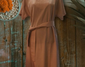 Vintage Tan Asian Sheath Dress, Hawaii Made, 1960s/70s
