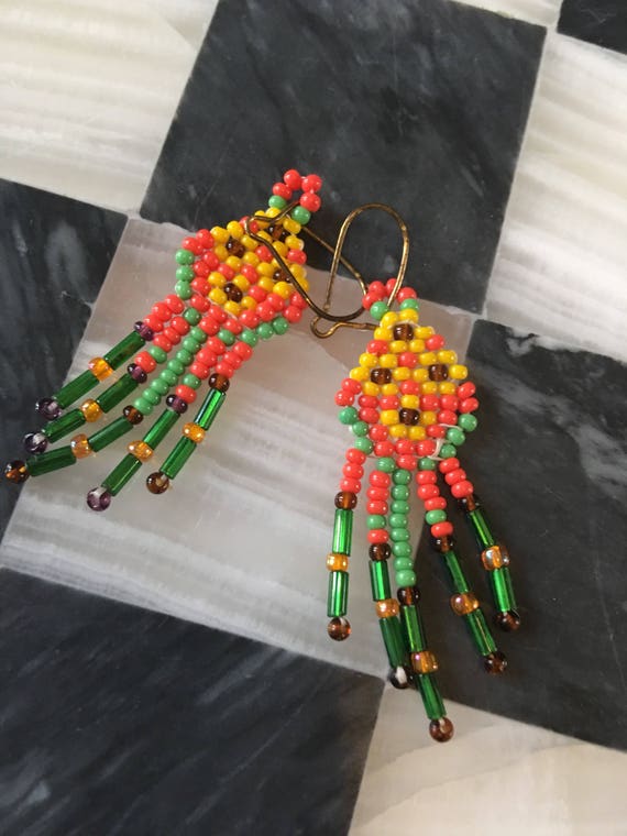 Boho Vintage 70's Western Southwestern tribal Style Seed Bead Earrings Orange Green & Yellow