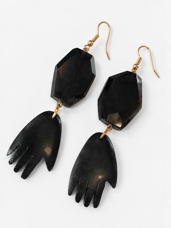 Gay Isber Designer Earrings: Smokey Topaz with Carved Horn Hands, post modernist artisan collectible jewelry
