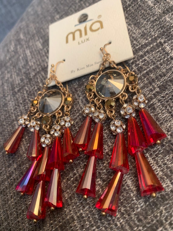 Red Crystal Chandelier Earrings, Iridescent Red, Smokey Rivoli & Crystal Rhinestone Gothic Showgirl Bridgerton Burlesque Statement Earrings