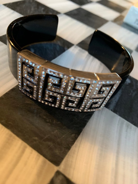 Elegant Art Deco Bracelet- Shiny Black Cuff with Greek Key Ice Rhinestones, High End 90s Glamour Jewelry...