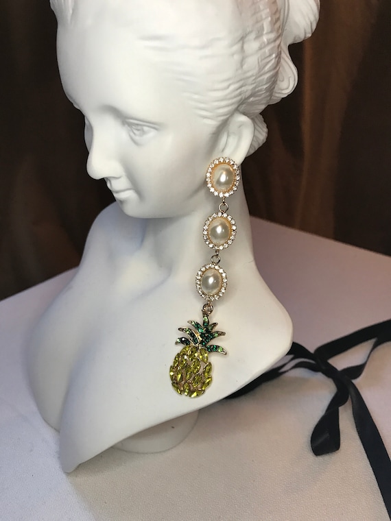 Bling! Long Dangle Crystal & Pearl Trending Tuti Fruity PINEAPPLE Summery Resort Statement EARRINGS!