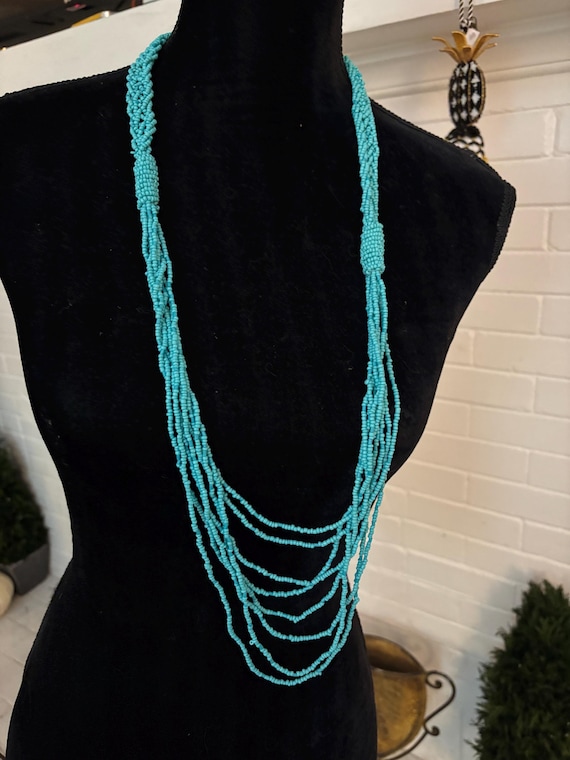Vintage Southwestern Turquoise Seed Bead Necklace: Multistand Tribal Statement Piece with Knots