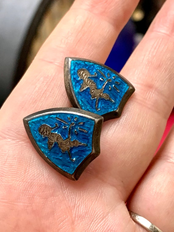 Vintage Sterling Silver Siam Dancers Cuff Links, something Blue Enamel