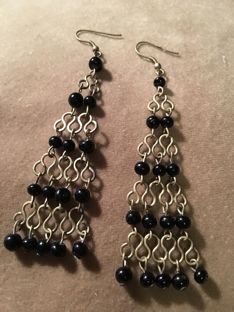 Gothic Black Beaded Mesh Chain Link Dangles Boho Gypsy Chandelier Statement Earrings Game of Thrones Zoom Party