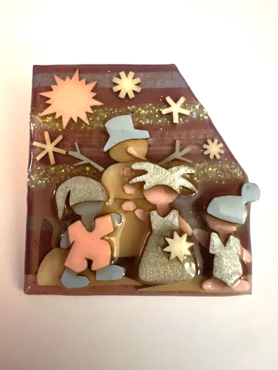 Vintage Lucindas Little People Pins, 80s Post Modernist Brooch, Made in Maine featuring children playing in the snow & a snowman