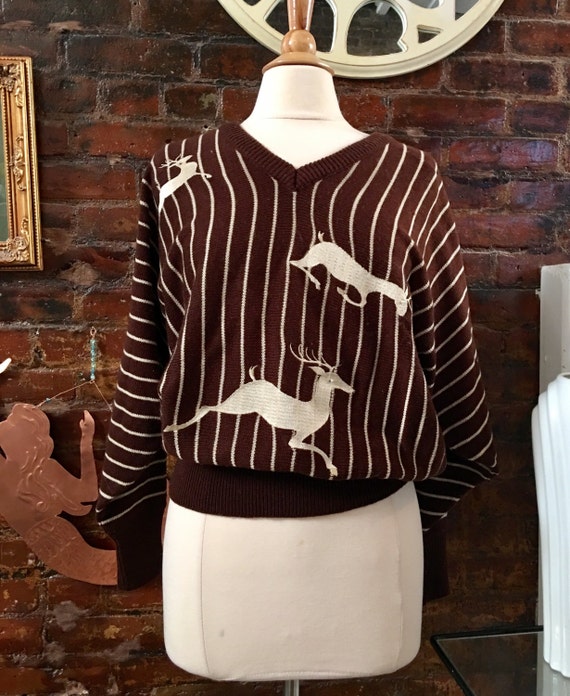 Vintage brown pinstriped Reindeer Sweater, V neck… - image 1