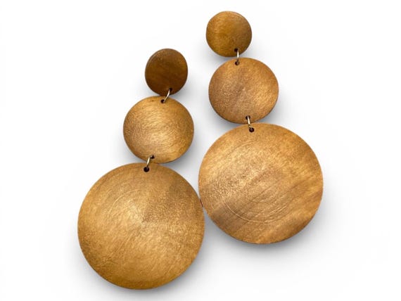 Vintage Artisan Natural Wood Disc Dangles, Mid Century 70s- 80s Oversized Statement Earrings,