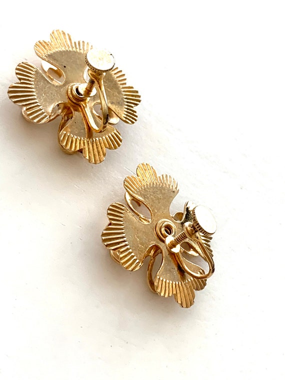 Antique Art Deco Golden Flower Screw Earrings wit… - image 7