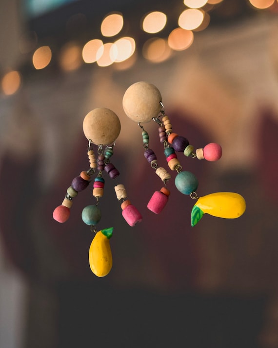 Mid Century Rainbow Fruity Wood Dangles Statement Earrings. Pretty Eames Style Colorblock Pastel Colors Wood Beads with yellow fruit dangles