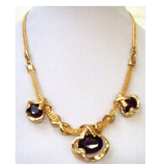 Unusual Abstract Modern Substantial Brown Rhinestone Gem & Gold Tone Chain Gawdy Statement Necklace