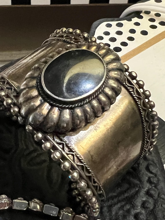 Vintage Silvertone Tribal Cuff, Black Stone Boho Bracelet