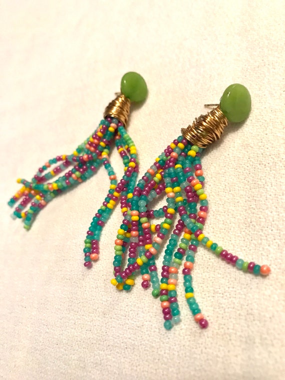 Lime Green & cheerful colorful Seed Bead Tassel E… - image 5