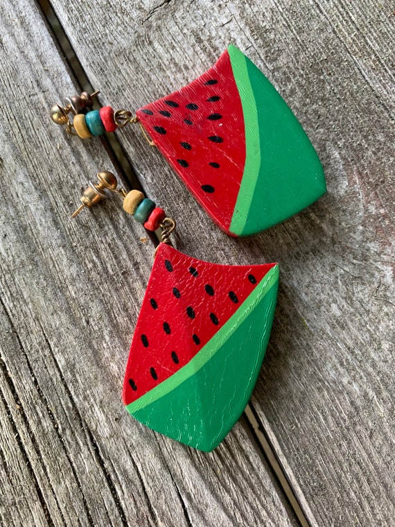 Vintage Hand Painted Watermelon Fruity Dangles,  Chunky Primitive Folksy Wooden Colorful Summer Earrings