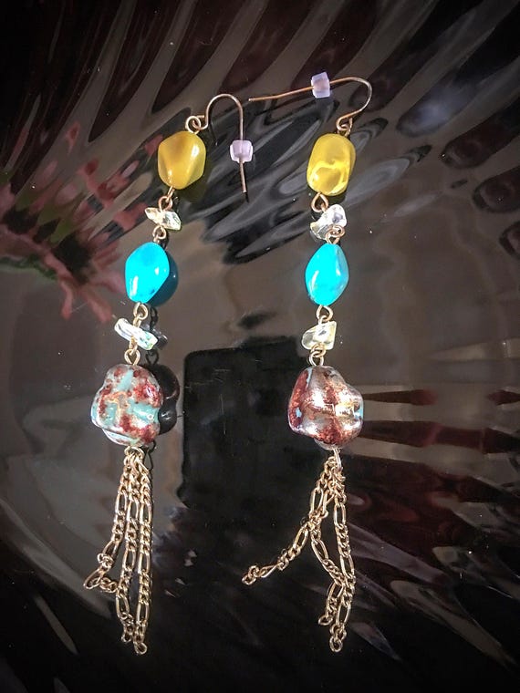 Sexy Shoulder Duster Dangle Earrings w/ Turquoise Lime Crystal & Faux Stone Faux Stone Beads and Bronze Chain Tassels, 90s Glamour Jewelry