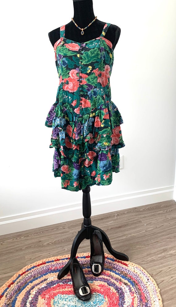 Vintage Floral Sundress, 70s Cottage Style Party Dress with 3 Tiers of Ruffles, Romantic Date night or Birthday Dress