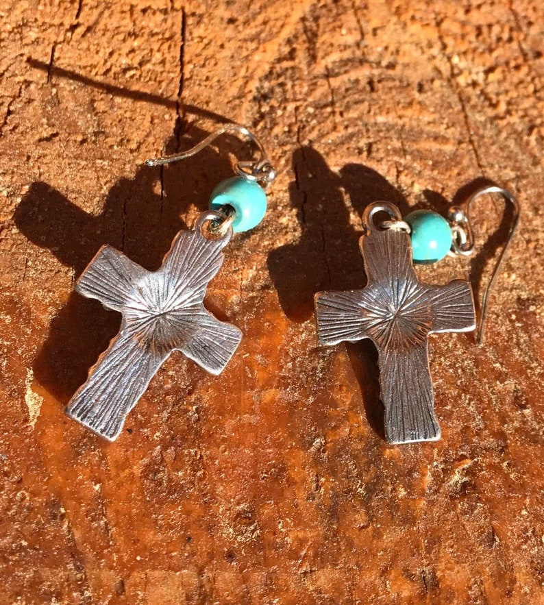 Southwestern Style Silver Tone with Blue Green beaded Embossed Cross Dangle Earrings