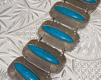 Selro Selini Faux Turquoise Panel Statement Bracelet, Distinctive Exotic Mid Century Costume Jewelry