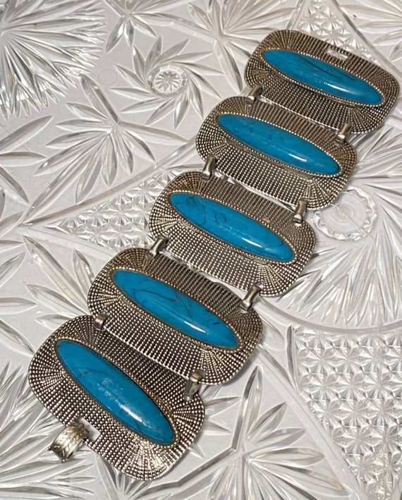 Selro Selini Faux Turquoise Panel Statement Bracelet, Distinctive Exotic Mid Century Costume Jewelry