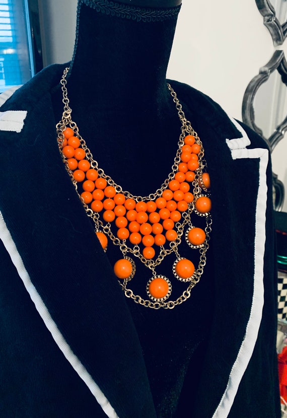 Flashy Egyptian Orange Vintage Lucia Necklace, Retro 50s 80s/90s Tangerine Acrylic Beaded Modernist Cleopatra Statement Necklace