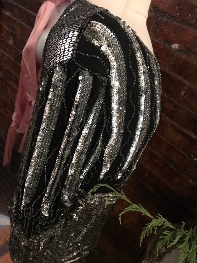 fun Party Top AS IS 90s still great Sequin Top Blouse lots of wear still Some minor Bead Loss Blacks and Silvers needs a bit of TLC