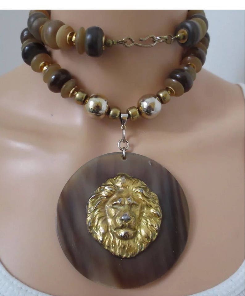 Over the Top 70s Hip Hop Disco Glamour Jewelry Massive Vintage Golden Lion Medallion Necklace