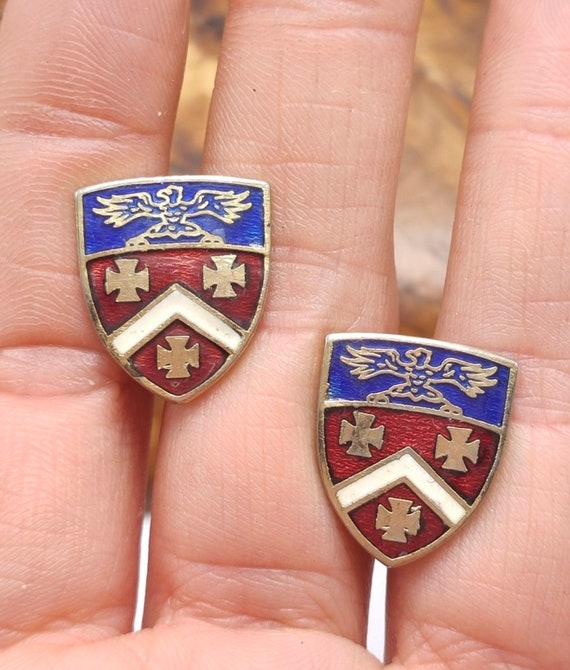 Mid Century Heraldic Medal Maltese Cross Gold & Silvertone Vintage Screw Back Earrings, Coat of Arms