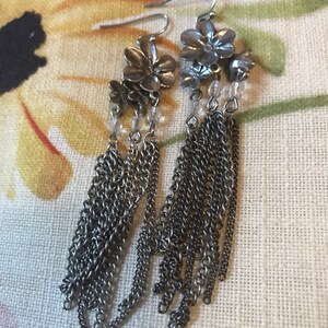 Boho Glam Silvertone Flowers with Chain Dangle Tassels & Crystal Beads on ear wires
