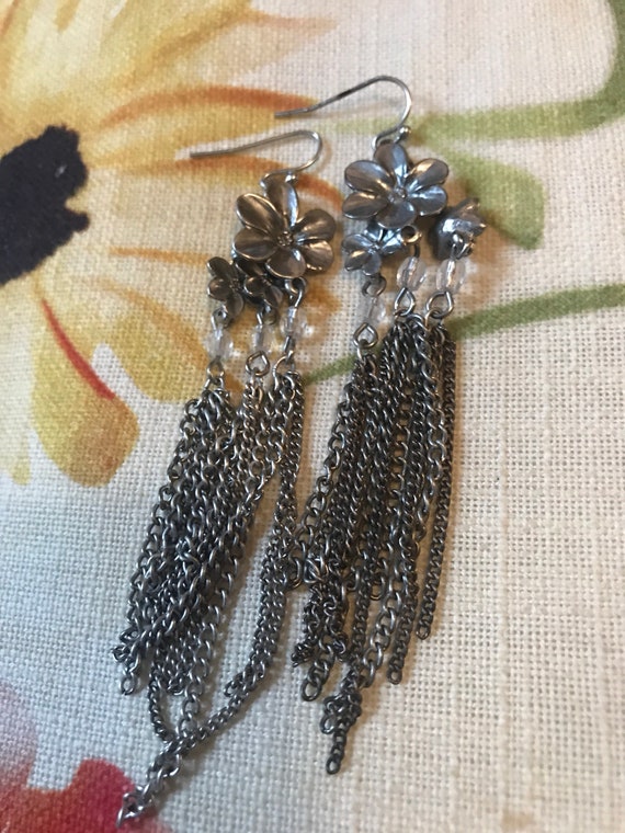 Boho Glam Silvertone Flowers with Chain Dangle Tassels & Crystal Beads on ear wires