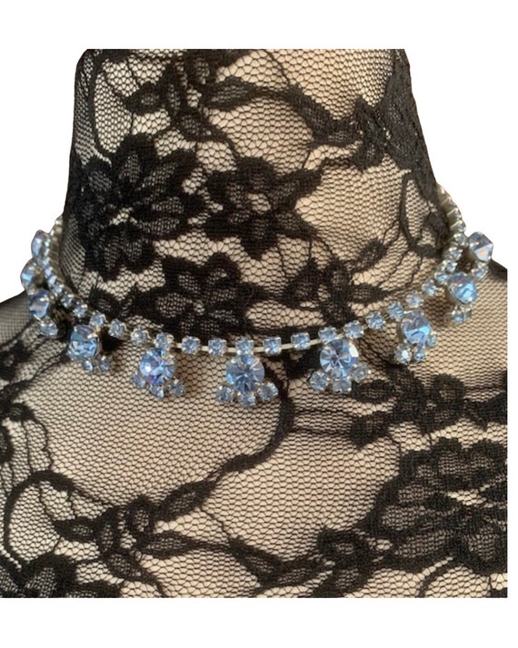 Sky Blue Rhinestone Collar Choker, Sparkling Statement Necklace, Hollywood Regency Cocktail Party Glamour Jewelry