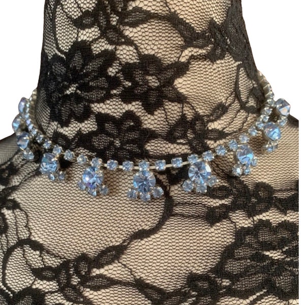 Sky Blue Rhinestone Collar Choker, Sparkling Statement Necklace, Hollywood Regency Cocktail Party Glamour Jewelry