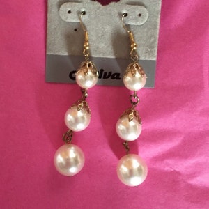 Glamorous Cascading faux pearl statement earrings never worn still on card, 80&#39;s fashion jewelry