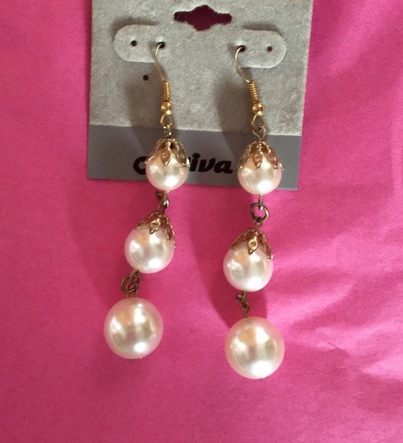 Glamorous Cascading faux pearl statement earrings never worn still on card, 80's fashion jewelry