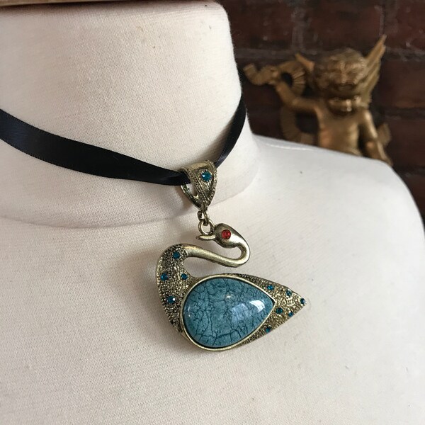 Vintage Silvertone Swan Pendant, Large Teardrop Faux Swirly Turquoise Blue Stone Belly & Rhinestones with Ribbon for Choker Necklace