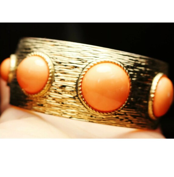 70s Disco Orange Bangle, Mid Century Mod Textured Goldtone Chunky Statement Bracelet