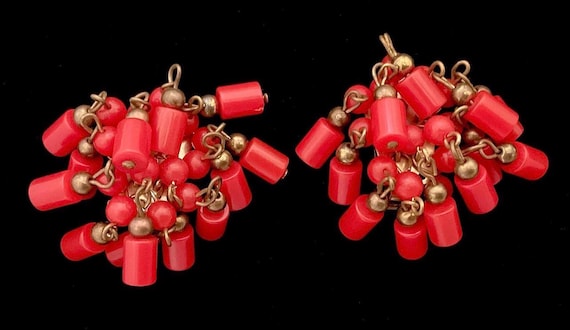 Red Cha-Cha Clip-On Earrings, Swingy beads and brassy gold tone 1950s rockabilly vibes!