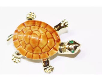Cute Little unsigned Goldtone & brownish orange enamel Turtle Brooch with Green Rhinestone Gem Eyes enamel pin