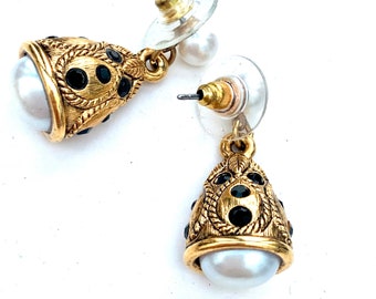 Vintage Art Deco Pearl Dangle Earrings, Gothic Black & Gold