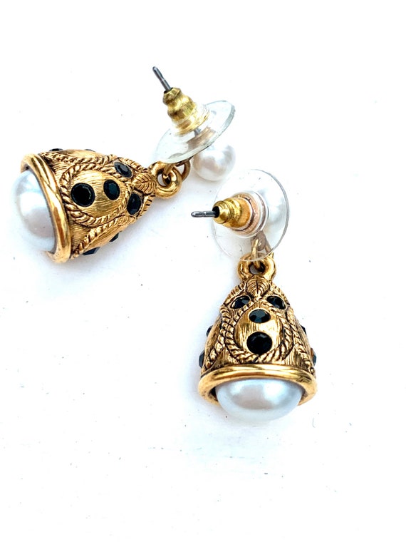 Gothic Art Deco Revival Deco Statement Earrings, Classy Black and Gold with Pearl Vintage Dangles, Door knockers