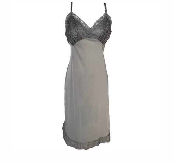 Vintage Vanity Fair Slip, 90s Grunge Fashion 70s Slip to Dress, Gray with Lined Lace Cups & Trim, labeled Size 38