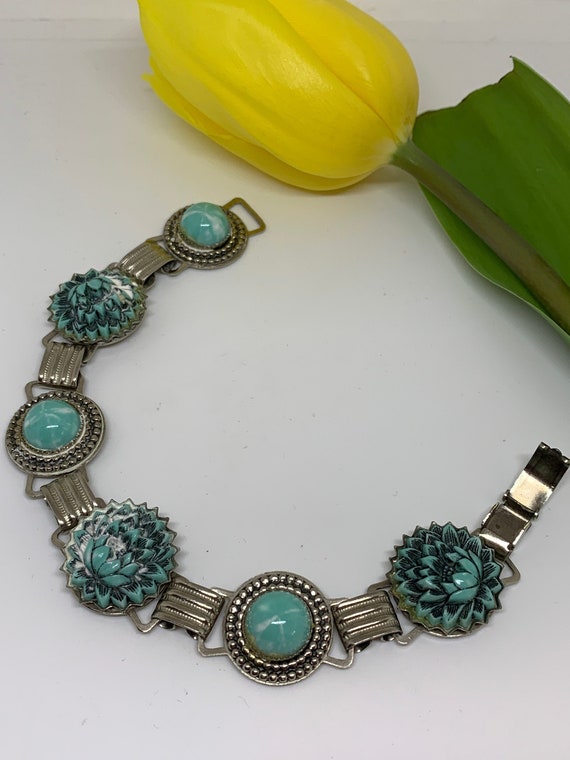 Southwestern Gypsy Cowgirl Carved Floral Faux Turquoise and Ornate Silver Tone Link Bracelet, Mid Century Western Costume Jewelry