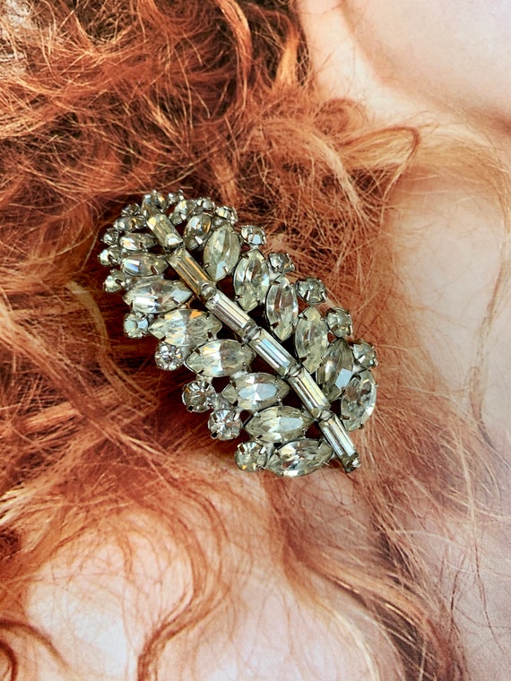 Ice Rhinestone Frond Vintage Brooch, Leaf Feather Unisex Lapel Pin, New Years Eve Bling