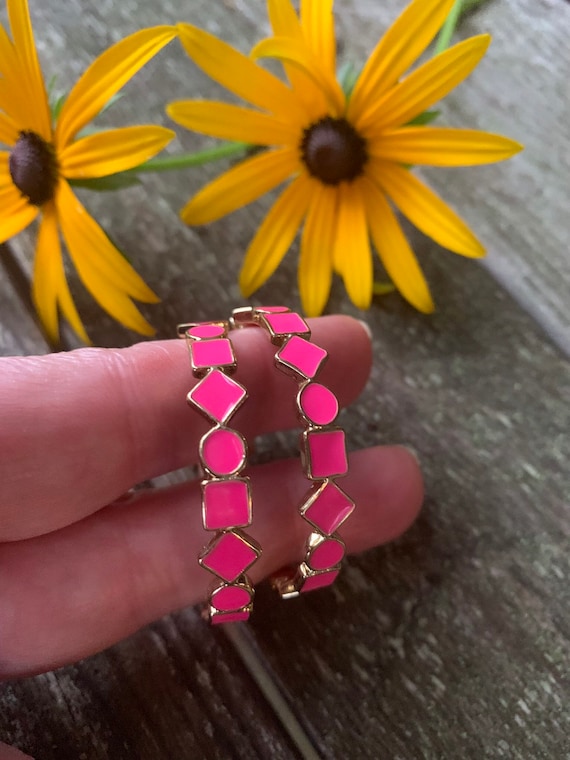 Vintage Barbie Pink Enamel Geometric Hoops, Awesome 80s Prom
