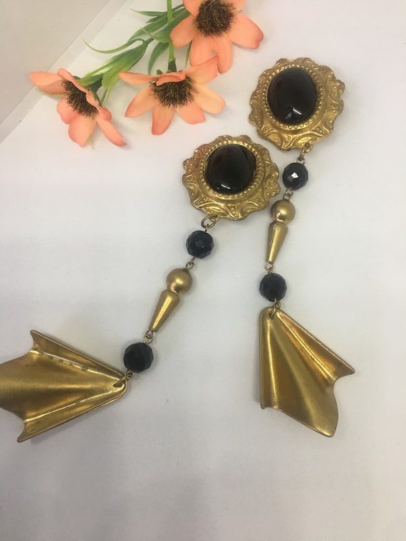 Huge Black and Gold Statement Earrings, Vintage Baroque Burlesque Runway Shoulder Dusters, Gorgeous 90s Glamour Jewelry!