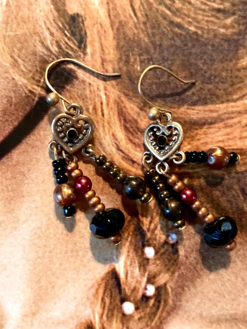 Bronzy Boho Gypsy Beaded Heart Dangle Earrings