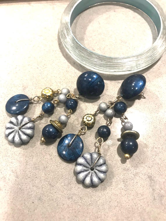 Vintage Blue Boho Beaded Dangle Earrings, Funky Floral Fringe
