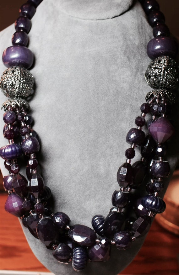 Cascading strands of Deep Purple molded plastic beads & Openwork Filigree Domes, Statement Necklace in lush Now Trending sultry Grape color