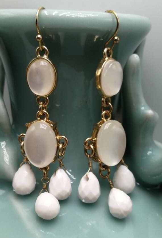 Vintage Gypsy Treasure White Cats Eye Bauble Chandelier Dangle Earrings, 90s Costume Glamour Jewelry