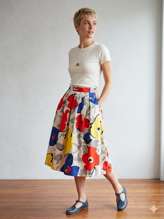70s 80s Vintage Michele Primary Color Pop Art Cotton Skirt | Audrey Hepburn Style