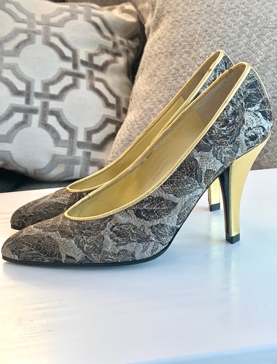 Charles Jourdan Pumps, Cinderella 90s Glam French Designer Quilted Black & Silver Damask with Sexy Gold High Heel Shoes , size 5.5 M